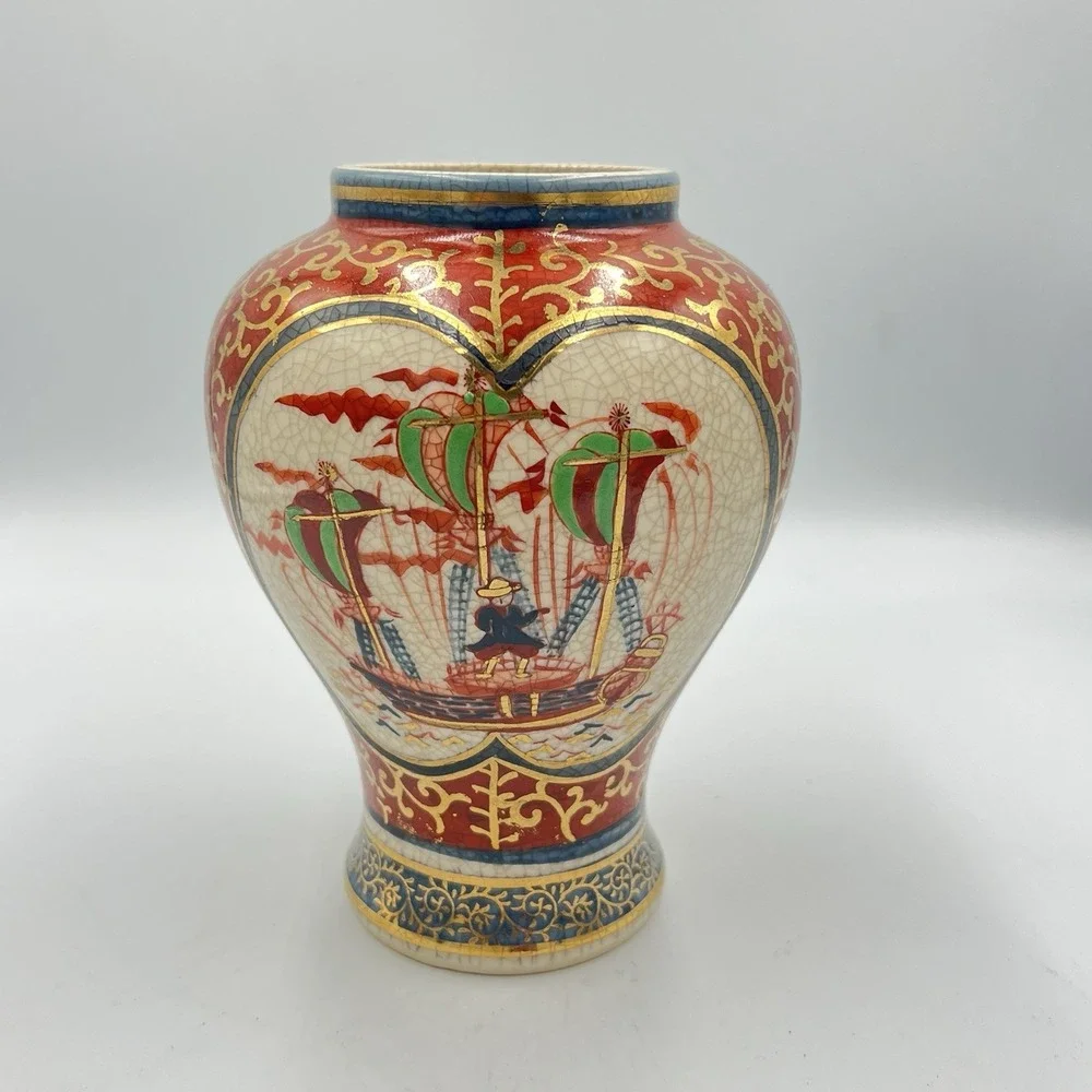 Vintage Japanese Satsuma Vase Ships‎ Scene Gold Gilt Crackle Glaze 7.5
